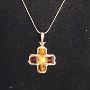 Vintage 1.5’’ Mosaic Baltic Amber Sterling Silver Cross Pendant Necklace